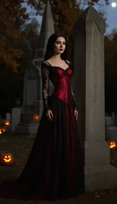 Dim cinematic moody lighting, professional photo, highly detailed, horror, 4k, canon dslr, 3/4 view, beautiful sexy very slender 33 year old woman, (leaning against a stone obelisk in a Gothic cemetery), elegant black Victorian gown adorned with red lace, (hoopdress), (eerie smile), pale ghostly skin, long black hair, gothic makeup, black lipstick, model pose, shallow depth of field, (Background, Halloween, outdoors, glowing jack-o-lanterns, moonlight, autumn), ((spiderwebs, cobwebs)), flat chested, lewaru, <lora:flat_chested_v3.5:.8>, <lora:add-detail-xl:1.3>, <lora:LeanWithArmUp.1.0:1.3>, <lora:bab4d033-acad-4a4e-b6fa-5dda2bad3471.TA_trained:1.7>