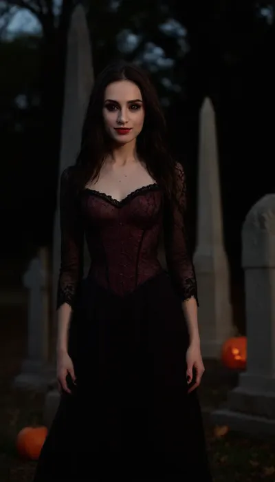 Dim cinematic moody lighting, professional photo, highly detailed, horror, 4k, canon dslr, 3/4 view, beautiful sexy very slender 33 year old woman, (leaning against a stone obelisk in a Gothic cemetery), elegant black Victorian gown adorned with red lace, (hoopdress), (eerie tilted smile:1.5), firelight, pale ghostly skin, long black hair, gothic makeup, black lipstick, model pose, shallow depth of field, (Background, Halloween, outdoors, glowing jack-o-lanterns, moonlight, autumn), ((spiderwebs, cobwebs)), flat chested, lewaru, (black sclera eyes:1.5), <lora:flat_chested_v3.5:.8>, <lora:add-detail-xl:1.3>, <lora:LeanWithArmUp.1.0:1.3>, <lora:bab4d033-acad-4a4e-b6fa-5dda2bad3471.TA_trained:1.7>, <lora:black sclera:2>