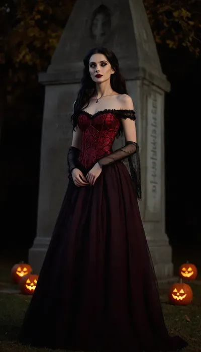 Dim cinematic moody lighting, professional photo, highly detailed, horror, 4k, canon dslr, 3/4 view, beautiful sexy very slender 33 year old woman, (leaning against a stone obelisk in a Gothic cemetery), elegant black Victorian gown adorned with red lace, (hoopdress), (eerie tilted smile), firelight, pale ghostly skin, long black hair, gothic makeup, black lipstick, model pose, shallow depth of field, (Background, Halloween, outdoors, glowing jack-o-lanterns, moonlight, autumn), ((spiderwebs, cobwebs)), flat chested, lewaru, <lora:flat_chested_v3.5:.8>, <lora:add-detail-xl:1.3>, <lora:LeanWithArmUp.1.0:1.3>, <lora:bab4d033-acad-4a4e-b6fa-5dda2bad3471.TA_trained:1.7>