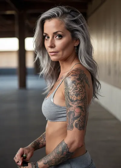 ultra-realistic, 8K HD, thick 50-years old women, detailed face, detailed hair, deep grey eyes, on a skateboard, tattooed, side view, full body view, looking the viewer