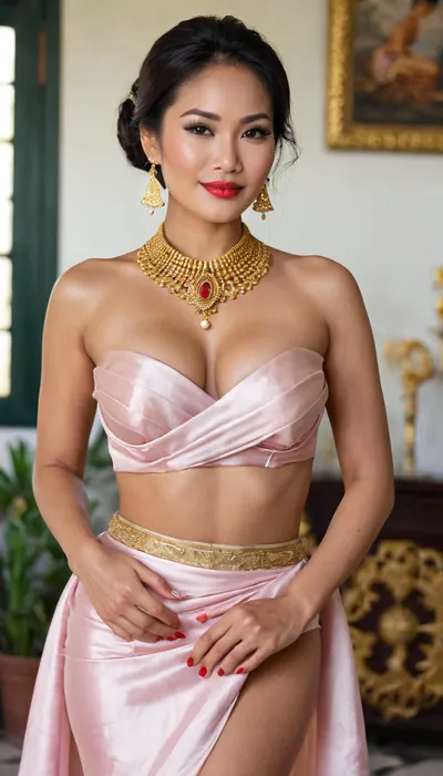 A randomly generated image of HYPER FOCUSED DETAILED PORTRAIT FULLBODY PHOTOGRAPH — Sexy Asian MILF Maiden, Sophisticated beautiful refined Thai Princess elegant maiden, sexy petite voluptuous thin curvy body-figure, tanned skin, brown eyes, absurdly long black hair, long voluminous hair length, long wavy elegant hairstyle, angular jawline, defined jawline, small nose, full lips, bimbo red lipstick, bimbo seductress makeup, thin eyebrows, arched eyebrows, wrinkled face, laugh lines with crow’s-feet worry lines, realistic appearance, hourglass physique, voluptuous thin waist body, exaggerated proportions, enormous silicone breasts, anorexic physique, bulimic body, thin frail body with plastic surgery, Cosmetic surgery body, Brazilian-butt-lifted ass, long manicured nails, wearing expensive jewelry, adorned with golden jewelry, slutty diamond broach choker, Traditional Khmer Laotian Sabai Skirt, Traditional Khmer Wedding attire, Traditional Thai Shoulder-Wrap-Style Clothing-Mae-Karakade, Thai Shoulder Wrap Shawl Traditional attire, Lao Sinh with sash and cross body shawl, Traditional-shoulder-wrap Pink-&-Gold Thai Women Skirt, appearance is similar to a Asian-courtesan-khmer-princess, dressed as elegant-bridal-khmer Thai-princess, submissive smile, flirty expression, wearing asian sandals, full body portrait, award winning photo, 8k resolution, absurdres, sharp focus, masterpiece, high resolution, Fujifilm XT3, RAW photo, photorealistic, HDR, Candid photo, ultimate realism, Seductive Erotic expression, Orgasmic Passionate face expression, Sexually Satisfied face expression, BABE large fake lips, Botox lip fillers, seductive red lipstick, red sparkling glitter lipgloss, sexy seductive smile, perfect teeth, realistic teeth smiling face, skinny body, thin hourglass figure with wide hips, unrealistically thin hourglass voluptuous bodacious body, skinny face, lusciously Long black-raven hair, unkept messy disheveled hairstyle, no makeup, smeared mascara on face, outfit with choker and fine jewelry, enticing bosom cleavage, cleavage seduction, perfect body, pubic hair, hairy vagina bush, girl’s unshaven cunt, realistic detailed eyes, large juicy lips, huge bimbo lips, realistic detailed face, hi-resolution face, hyper focused detailed face, realistic detailed face pores, realistically perfect detailed teeth, realistic detailed skin, (highly detailed face:1.3)