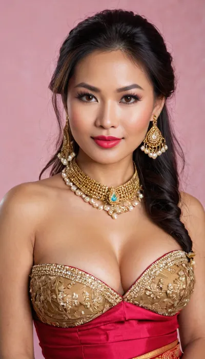 A randomly generated image of HYPER FOCUSED DETAILED PORTRAIT HEADSHOT PHOTOGRAPH — Sexy Asian MILF Maiden, Sophisticated beautiful refined Thai Princess elegant maiden, sexy petite voluptuous thin curvy body-figure, tanned skin, brown eyes, absurdly long black hair, long voluminous hair length, long wavy elegant hairstyle, angular jawline, defined jawline, small nose, full lips, bimbo red lipstick, bimbo seductress makeup, thin eyebrows, arched eyebrows, wrinkled face, laugh lines with crow’s-feet worry lines, realistic appearance, hourglass physique, voluptuous thin waist body, exaggerated proportions, enormous silicone breasts, anorexic physique, bulimic body, thin frail body with plastic surgery, Cosmetic surgery body, Brazilian-butt-lifted ass, long manicured nails, wearing expensive jewelry, adorned with golden jewelry, slutty diamond broach choker, Traditional Khmer Laotian Sabai Skirt, Traditional Khmer Wedding attire, Traditional Thai Shoulder-Wrap-Style Clothing-Mae-Karakade, Thai Shoulder Wrap Shawl Traditional attire, Lao Sinh with sash and cross body shawl, Traditional-shoulder-wrap Pink-&-Gold Thai Women Skirt, appearance is similar to a Asian-courtesan-khmer-princess, dressed as elegant-bridal-khmer Thai-princess, submissive smile, flirty expression, wearing asian sandals, full body portrait, award winning photo, 8k resolution, absurdres, sharp focus, masterpiece, high resolution, Fujifilm XT3, RAW photo, photorealistic, HDR, Candid photo, ultimate realism, Seductive Erotic expression, Orgasmic Passionate face expression, Sexually Satisfied face expression, BABE large fake lips, Botox lip fillers, seductive red lipstick, red sparkling glitter lipgloss, sexy seductive smile, perfect teeth, realistic teeth smiling face, skinny body, thin hourglass figure with wide hips, unrealistically thin hourglass voluptuous bodacious body, skinny face, lusciously Long black-raven hair, unkept messy disheveled hairstyle, no makeup, smeared mascara on face, outfit with choker and fine jewelry, enticing bosom cleavage, cleavage seduction, perfect body, pubic hair, hairy vagina bush, girl’s unshaven cunt, realistic detailed eyes, large juicy lips, huge bimbo lips, realistic detailed face, hi-resolution face, hyper focused detailed face, realistic detailed face pores, realistically perfect detailed teeth, realistic detailed skin, (highly detailed face:1.3)