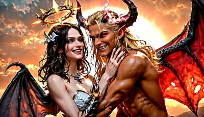 Two fantastic beings having sex, one, A NUDE female angel with large gray wings, delicate white gown, golden halo, glowing aura, fair skin, blonde hair, blue eyes, angelic face, seraphim or archangel appearance. The other one is a FULLY NUDE male demon with dark skin, black horns, sharp claws, fangs, red eyes, black leather armor, large bat-like wings unfolded behind him, demonic horns, scaly skin, smirking evil grin, fiery sky backdrop, epic fantasy artwork, highly detailed, dramatic lighting, cinematic pose, intense action scene, digital painting, ultra-realistic, 4k resolution, masterpiece work of art.
They are both having passionate sex in a dimly lit bedroom, the man is leaning over the woman, supporting his weight on his arms, while they are both fully naked. the woman have huge tits and is laying on her back with her legs wrapped around the man's hips. both individuals have very fit athletic bodies with defined muscles, the man is thrusting into the woman forcefully, while she moans and wraps her arms around his neck. their faces show expressions of pure ecstasy as they become one. intimate close-up, high-quality photorealism, soft ambient lighting, dramatic shadows, focus on the intimate connection between the couple, deep focus on genitals during intercourse, in the heat of passion, steamy sweatiness, wetness, realistic details, masterpiece, 8k resolution, film grain, bokeh effect, realistic skin texture, body details, natural hair, jewelry, eye contact, flirty glancest, both having orgasm