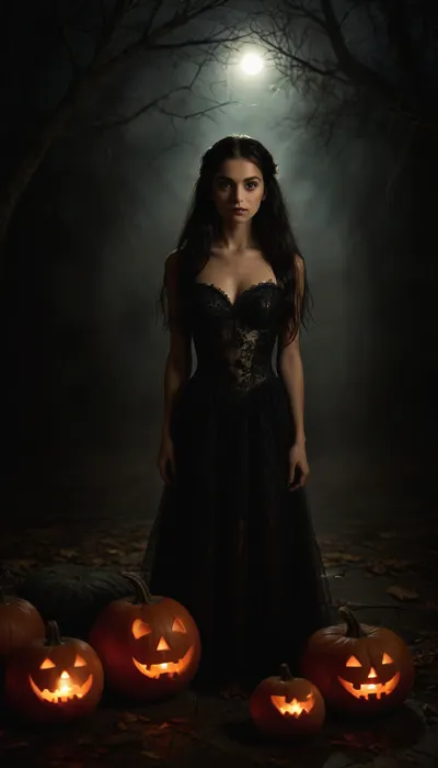 In the heart of a moonlit night, where shadows play, A girl stands, her presence a haunting ballet. Long black hair, a cascade, a midnight waterfall, Her gown, a tapestry, of cobwebs and autumn's thrall. Eyes that hold secrets, mysteries untold, A smile like moonlight, both alluring and cold. Pumpkins with glowing eyes, a sinister guide, Lighting her path, in this Halloween tide. The air is thick with magic, a spell cast by her grace, A captivating vision, a frightful, enchanting face. In this night of wonders, where the veil is thin, She dances with shadows, a ghostly, alluring kin. Her beauty, a riddle, a puzzle to unravel, A girl of the night, a Halloween marvel. Captivate the canvas, with her haunting allure, A masterpiece of mystery, a Halloween lure., <lora:tbh21-sdxl:1.2>