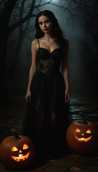 In the heart of a moonlit night, where shadows play, A girl stands, her presence a haunting ballet. Long black hair, a cascade, a midnight waterfall, Her gown, a tapestry, of cobwebs and autumn's thrall. Eyes that hold secrets, mysteries untold, A smile like moonlight, both alluring and cold. Pumpkins with glowing eyes, a sinister guide, Lighting her path, in this Halloween tide. The air is thick with magic, a spell cast by her grace, A captivating vision, a frightful, enchanting face. In this night of wonders, where the veil is thin, She dances with shadows, a ghostly, alluring kin. Her beauty, a riddle, a puzzle to unravel, A girl of the night, a Halloween marvel. Captivate the canvas, with her haunting allure, A masterpiece of mystery, a Halloween lure., <lora:tbh21-sdxl:1.8>
