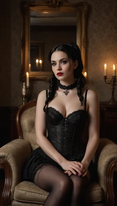 A stunningly beautiful escort model 35 y.o. named Laura, big tits, with long black hair. This is a highly detailed, realistic photograph of a young woman, (35yo), with a gothic aesthetic, sitting on a dark brown, tufted leather armchair in a dimly lit, vintage-style room. She has pale, porcelain-like skin and long, straight black hair styled in high pigtails. Her makeup is dramatic, featuring dark, smoky eyeshadow, thick black eyeliner, and deep red lipstick. She wears a black lace corset that accentuates her ample cleavage, paired with matching black lace panties and thigh-high stockings with lace tops. A black choker with a small, ornate silver pendant adorns her neck. Her expression is slightly melancholic, with her lips slightly parted. The background includes an old, wooden-framed mirror with a gold trim on the right, and a candlestick holder with an unlit candle on the left. The wallpaper is an aged, floral pattern in muted tones, adding to the vintage atmosphere. The texture of the armchair contrasts with the smoothness of her skin and the intricate lace of her lingerie. The overall mood of the image is mysterious and slightly melancholic, emphasizing her gothic style and the vintage setting.