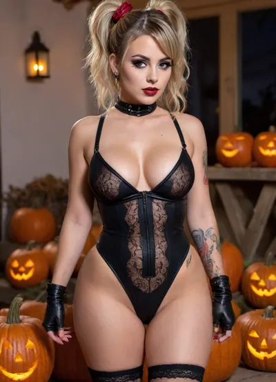 rear view, side view, upskirt view, hdr, photorealistic, hyper realism, ultra high detail, stunning beauty, gorgeous, perfect model face, beautiful face, hazel eyes, messy hair bun, black hair, multicolor hair, blonde highlights, bangs, tan skin, full lips, red lipstick, navel piercing, looking down, dreaming, perfect rounded breasts, pierced nipples, gothic tattooes, full body tattooes, erected cock, bulging testicles, sexy chubby apple sized ass, wide hips, hourglass figure, wet and shiny body, oiled skin, dripping wet, penis stucks in halloween pumpkin, fucking halloween pumpkin, cum splashes out of pumpkin face, tight black harness dress, sugar skull makeup, dia de los muertos decor, halloween background, at night, spanish village, outside