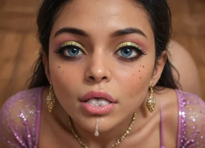 Indian sexy beautiful girl, (blue eyes:1.3), (high-quality facial detailing with long eyelashes and plump lips), (Indian face:1.9), ((makeup:1.8), long blue eyelashes, olive eyeshadow with glitter), (lips:1.2), open mouth, saliva, in a transparent tight-fitting sequined dress, (pink-purple areoles are visible, nipples with piercings), an exquisite necklace and gold bracelets, (purple anus stretched around dildo), mid ejaculation, (penetration), she has long hair tied up in a bun, (purple pussy:1.7), nipple ringsnipple, (purple puffy anus:1.5), nipple ringsnipple rings, pussy view, slit pussy, slender long legs with a high waist, fishnet stockings, green stilettos, seductive grins, dark skin., (cum in mouth:1.3), (heavy pussy piercing:1.4), There is a lot of cum on the pubic area of the anus, CHIBI, ((bimbo makeup, intense saturated glossy lipstick:1.5)), <lora:qban-nig:.8>