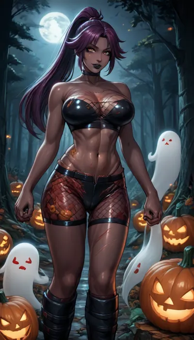 (reiq style art:1.4), (beautiful muscular yoruichi skin1.5), 1girl, solo, long hair, sexy and busty body, big breasts, ponytail, purple hair, (Black skin:1.5), (oily skin:1.1), (dark moon stars jack o lanterns pumpkins ghost nighttime forest background:1.6), (standing doing seductive pose:1.2), (Right hand holding up a thunder magic boll:1.6), long dreadlocks haircut, lustful smiling face, dark makeup, black lipstick, muscular body, defined muscles, hourglass figure, perfect round breasts, perfect round ass, defined body muscles, defined leg muscles, defined arm muscles, (bloody covered fishnet chest:1.5), (bloody covered sexy bar:1.5), (bloody covered sexy fishnet shorts:1.5), (bloody combat boots:1.3), (cuts on body:1.5), (puffy swollen labia puffier:1.3), perfect fingers, A masterpiece of the highest quality, the work of a real master, bouncing breasts, bouncing ass, style anime, inspired illustration, <lora:hentai_anime_style_xl_v1:2>, <lora:AnimatedNightmaresStyle:2>, <lora:EnvyBeautyXL02:2>
