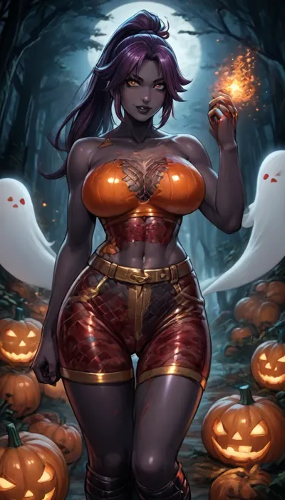 (reiq style art:1.4), (beautiful muscular yoruichi skin1.5), 1girl, solo, long hair, sexy and busty body, big breasts, ponytail, purple hair, (Black skin:1.5), (oily skin:1.1), (dark moon stars jack o lanterns pumpkins ghost nighttime forest background:1.6), (standing doing seductive pose:1.2), (Right hand holding up a gold magic boll:1.6), long dreadlocks haircut, lustful smiling face, dark makeup, black lipstick, muscular body, defined muscles, hourglass figure, perfect round breasts, perfect round ass, defined body muscles, defined leg muscles, defined arm muscles, (bloody covered fishnet chest:1.6), (bloody covered sexy bar:1.6), (bloody covered sexy fishnet shorts:1.6), (bloody combat boots:1.3), (cuts on body:1.5), (puffy swollen labia puffier:1.3), perfect fingers, A masterpiece of the highest quality, the work of a real master, bouncing breasts, bouncing ass, style anime, inspired illustration, <lora:hentai_anime_style_xl_v1:2>, <lora:AnimatedNightmaresStyle:2>, <lora:EnvyBeautyXL02:2>