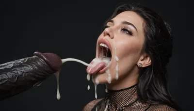 close-up, (milf:1.2), naked black woman, absolutely black skin, deep ebony skin, (((absolutely black skin))), voluptuous woman, extremely long sleek black hair, very busty, (massive breasts:1), wide hips, thin waist, pink fishnet top, black room, black background, looking at a massive cock of a black male with a gigantic thick 25 inch penis, big testicles, huge erection, masturbating, (ejaculation:1.4), (gaping mouth:1.2), tongue sticking out, (realistic excessive thick runny cum all over her face and body), mouthfull of cum, cum dripping out of her open mouth, nose full of cum, mouth full of cum, lots of very thick cum, loads of cum, woman, on, face, excessive bukkake, cum, facialized, superfacialized, cum dripping from mouth, black background.