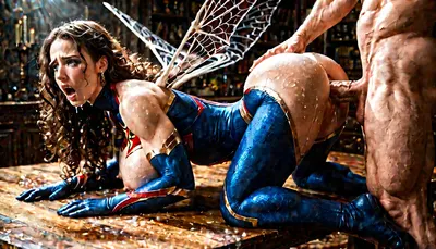 two MARVEL superheroes having rough sex with spider woman, both fully dressed with their uniforms, SHE From the bottom up, back arched, buttocks firm, large and tight, on her knees, enormous breasts on the table, nipples visible, hard, face of pain, tears, wasp body, fat vagina, releasing fluid, receiving a veiny and fat penis, both muscular, curly and long hair, HIM WITH WINGS ON HER BACK, EYES FULL OF LUST, DEEP FOCUS ON THE GENITALS, epic fantasy artwork, highly detailed, dramatic lighting, cinematic pose, intense action scene, digital painting, ultra-realistic, 4k resolution, masterpiece work of art.