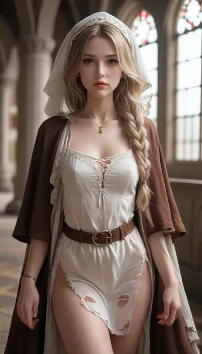 Best quality, masterpiece, high resolution, 8k wallpaper, high quality UHD, high detail 8K, perfect lighting, best shadow, best frame, dark theme.

Blonde thick lush hair, pulled back in a simple braid, a few strands pulled out to frame her wide cheekbones, nose slightly upturned, lips nicely plump.

European MILF, mature woman 40 years old, MILF figure, muscular build, tall toned build, long slender legs.

Huge tits, flat chest, gigantic dark nipples.

Thick huge ass, round curvy buttocks, toned thighs, curvy lower body, slim waist.

A woman is a medieval witch, in a dark old room of a castle

Description of the clothing of a medieval "witch"

Clothing, Dress, Worn, dark in color, (often gray, brown or black, due to the cheapness of the dyes), . The dress is long, with wide sleeves, roughly sewn from homespun linen or wool.

Apron, Always with her, dirty, torn, with stains from herbs or animal blood, (in the case of healers or midwives), .

Cape or cloak, Old, made of woolen fabric, often with a hood. In the cold season, the main protection from the cold. Sometimes a talisman or amulet is sewn in.

Belt, Made of rope or leather, to which a bag of herbs, a knife or other "witch" items could be tied.

Head, Hair was rarely covered—often loose, (a sign of "uncleanness"), disheveled, or tangled. If there was a headscarf, it was an old, dark-colored one., venusbody