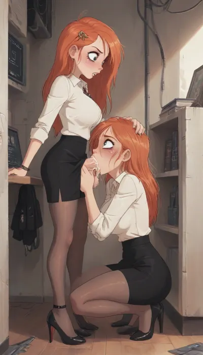 (Jack cayless art style), Sexy ginger 20 years old girl staying on her knees in front of her futanari boss, office outfit, black skirt, pantyhose, high heels, futanari boss put dick in her mouth and cum in her mouth deep throat, boss futanari holding her head, forced her head on his dick, oral sex, cartoon, low color palette, painted, illustration, made in illustrator, no gradients, incase style, concept, retro, futuristic, flat colors, masterpiece, <lora:ratatatat74-000050:.9>, <lora:outline_xl_kohaku_delta_spv5x:.5>, <lora:cartoon_stickers_xl_v1:.6>, <lora:NEOTOKIOXL_0.2_RC:.4>, <lora:DetailedEyes_V3:.6>