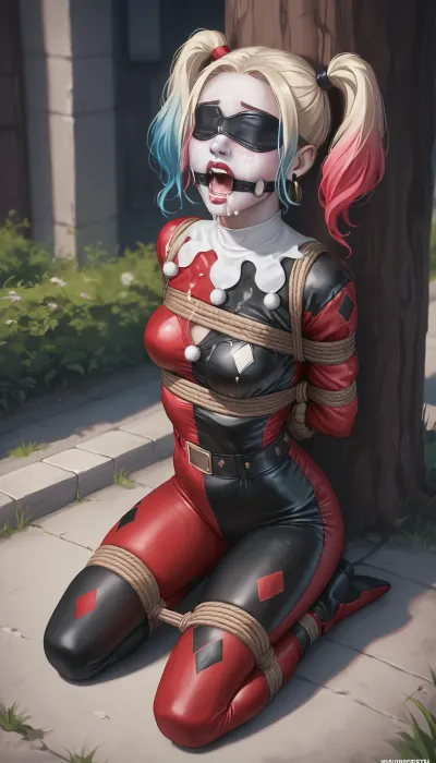 Harley Quinn, blindfolded, fully clothed, 1girl, tied, tied arms, tied legs, solo, kneeling, cum on face, full body, outdoor, ring gag, open mouth gag