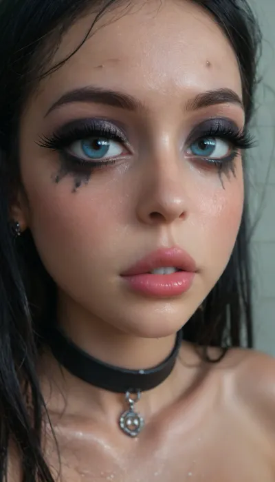 (Young petite tiny cutie girl:1.7), 35 years old, masterpiece, (shiny skin), (((close-up face:1.8))), (skinny:1.5), brown long hair, (blue eyes), (glamorous goth makeup:1.5), (looking seductively:1.6), (((very very big long eyelashes))), (very busty:1.7), (ab crack), ((wet Skin)), choker, covered long erect nipples, (in the shower), ((she is wearing fishnet stockings contrasting)), shadows, bright light patches, light caustics, (Dynamic angle:1.5), (((best quality))), amazing quality, high contrast, volumetric lighting, intricate details, view from side, woman, on, face, <lora:JustCum:.5>, (((photorealistic))), (((very big lips))), pink lipstick, <lora:illustrious_styles_v3_vpred:.1>, <lora:678016_training_data:.8>, facialized, superfacialized, <lora:facialized:.8>