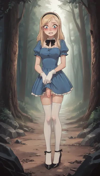 (Jack cayless art style), explicit content, (3d:.6), s1girl, solo, thighhighs, penis, white_thighhighs, gloves, blonde_hair, long_hair, futanari, blue_eyes, dress, hairband, white_gloves, looking_down, puffy_sleeves, short_sleeves, breasts, blue_dress, bow, uncensored, puffy_short_sleeves, blush, black_hairband, watermark, erection, medium_breasts, cowboy_shot, web_address, black_bow, artist_name, bowtie, dress_tug, parted_lips, short_dress, clenched_teeth, lip_biting, teeth, unexpected erection, surprise, embarassed, desperate, trying cover dick, magic forest in background, huge mushroms in background, super tall, black strip heels, 25 years old, beauty, alice in wonderland, (cartoon), tooned, cartoon, low color palette, painted, illustration, made in illustrator, no gradients, incase style, concept, retro, futuristic, flat colors, masterpiece, <lora:ratatatat74-000050:.9>, <lora:outline_xl_kohaku_delta_spv5x:.5>, <lora:cartoon_stickers_xl_v1:.6>, <lora:NEOTOKIOXL_0.2_RC:.4>, <lora:209970_training_data:.8>