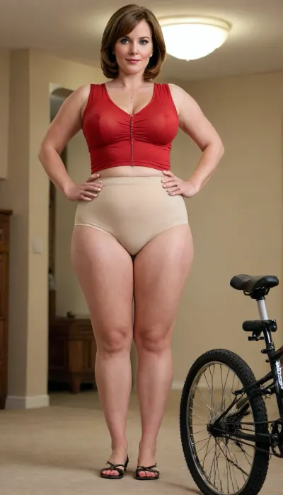 helen parr, full figured, mom, married, wife, natural, saggy breasts, fuller waist, plump waist, full hips, (wide hips), (hourglass figure), thick, thighs, saddlebags, saggy, ptosis, beautiful face, tan skin, horny expression, wearing, (high waist bicycle shorts, red sleeveless v-neck t-shirt shirt tucked in), standing, full body, plump pelvis, bulging pubic mound, indoors, plump pubis, full lips, striking beautiful eyes, captivating eye contact, wearing a wedding ring with diamond