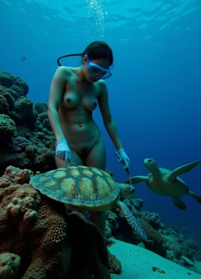 Professional photography, unusual, original, artistic, warm, slightly dark, soft professional photography {rich, very beautiful coral reef, swimming turtle, naked female diver in a mask, fins, transparent elastic suit and gloves, leaning over, studying the corals with a special tool in her hands}, close-up silhouette, Associated Press photo, editorial photo, photo of the year, soft contrast, soft saturation.