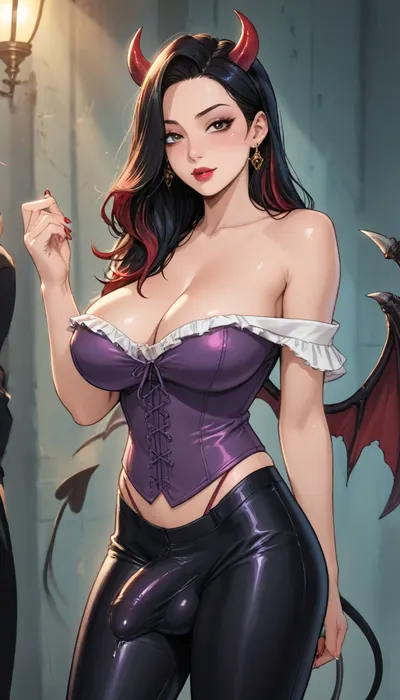 Score_9, score_8_up, score_7_up, reiq meets markgavatino and melkor mancin artstyle. Jessica rabbit., ((large demonic wings)), demon horns, demon tail, demonic, succubus, (((transgender))), futanari, trans, femboy, shemale, tranny., (thick luxurious, (black hair), down past her waits with purple and red highlights), seductive look in her eyes, blushing heavily, flushed face, seducing.

penis, large penis, (huge penis), (very thick penis), balls, penis visible., (((huge breasts spilling out of corset))), ((gg breasts)), soft breasts, saggy breasts, full breasts, bulging breasts.

extremely long partially erect, ((hyper penis bulge)), (((penis bulge down, (black leather), pant leg))), penis, penis visible. areola visible, nipple peaking out, nip slip, nipple slipped out., (deep butt crack:1.1), deep ass crack, (((bubble butt))), bbl, extremely juicy bubble butt, bulging ass, eyeshadow, office, round ass, large ass., (((detailed bulge))), tight bulge, balls bulge, bulge in tight leather pants, tight leather pants have slits down the side showing skin, penis outline visible under clothes, precum, and, (cock bulge:1.3), huge low-hanging bulge, (high waist intricate detail thong), (huge erect cock bulge), ((cock bulge visible:1.3)), ((tight big erect cock bulge)), ((form fitting cock bulge)), ((tight form fitting balls bulge)), big balls bulge, ballsack bulge, tight ballsack bulge, big ballsack bulge, arching back, tight, ((black), leather pants), (((off the shoulder gown being held down her back))), no panties, dancing, mid-motion shot, vintage 50's strip club, bright spotlight, ratatatat74, high contrast, (thick outline), <lora:ratatatat74-000050:.8>, <lora:cartoon_stickers_xl_v1:.8>, <lora:209970_training_data:2>