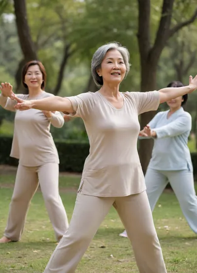 3 Asian women doing qi gong together, very busty, 60 years old, pretty, slim, exhibitionist, genuine relaxed Asian grandmother, Tai Chi exercises, ((Tai Chi position)), oversized huge butt, in the park, smiling, all naked, perfect face High-resolution photo, high-quality photo, side view from the front