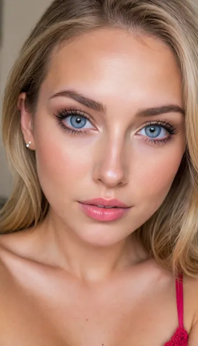 ZipRealism, woman, (flawless makeup, fake eyelashes, microblade eyebrows, raised eyebrow), (full lips, glossy lips:1.2), (cleavage), (large expressive eyes, wide eyes, doe eyes, soft facial features:1.2), (ash blond hair, chic hair), (loose closeup, focus on lips, low angle shot:1.2), (soft flirty smirk, playful eyes, curious expression, smug:1.6), (vibrant blue sky, golden beach), (subtle bokeh, analog lens:.5), (vellus hairs, goosebumps:.5), (maximum quality, ultra high definition, uncompressed, raw source photograph), igbaddie, <lora:igbaddie-XL:.8>