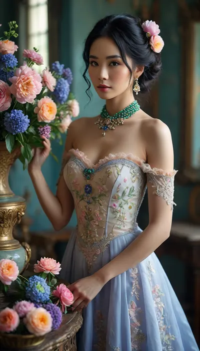 45 year old, thai, asian, lady, Couture, black hair, Colourful steam, beautiful lady arranging flowers in a antique vase, long pale purple gown, jade collar, delphiniums, peony, peppermint, embroidered lace, chandelier, glittery smoke, beautiful model braided hairstyle, light rose, light pink, light yellow, soft blue, and peach, <lora:MJ52:.7>, <lora:MJ52:.8>