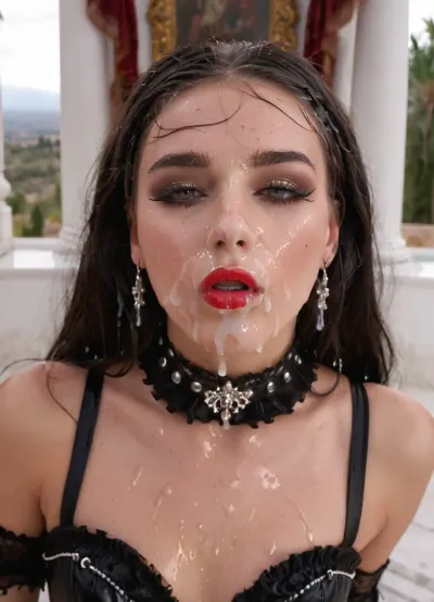 A stunning, elegant pale young cute Latvian supermodel, standing confidently in a striking, glossy black Gothic mini dress, (massive semen in her face and her clothes after a bukkake party), with intricate lace details, layered ruffles, and corset elements, She has a full, beautiful face with flawless, porcelain skin and a delicate rosy blush. Her expression is mysterious yet inviting, with big, expressive eyes accentuated by dramatic makeup, smoky eyeshadow, long lashes, and deep red lips. She wears bold accessories, a black choker with metallic accents, delicate lace gloves, and sleek black high heels. Her long, straight hair is styled with twin tails, adorned with subtle black devil horns., ((Location is a big white expensive villa, white furniture, white windows)), (((focus on cum drenched beautiful face, cum dripping from lips))), The picture has style, and individuality—focus on hyper-realistic skin texture, detailed facial features, (including the entire face), perfect makeup, and masterful rendering of every clothing layer and accessory, woman, cum, on, face, <lora:JustCum:1.5>, <lora:Men'sFacialV3.8:1.4>, <lora:cum_in_eye_deepmind:1.4>