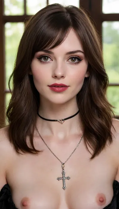 img id=, [Ophelia], 8, 4, 1, I would like to create a photograph of a character named Ophelia. She is a stunning 26 year old woman. She is of North-English origin and is 160cm tall, her Bust/Waist/Hips sizes are 34/24/34 with 34D breasts. She has pale skin, heart-shaped face and high cheekbones. Large, expressive brown eyes and a warm, full lips. Her presence conveys a glamorous presence with a warm friendly smile. Her hair is long straight dark brown hair, styled with full bangs. Her make up is dark eyeliner and shadow for a gothic look with muted lipstick shades. Ophelia is nude apart from layered silver necklaces with cross and chain details, silver hoop earrings, stacked rings, and a slim black choker. The overall look is sultry, sexy, edgy confidence, mystery, and warmth all at once. The scenes is inside a lounge with light coloured leather furniture, a large window fills the room with natural light. The picture is taken close up. The composition focuses on her face and upper chest. Ophelia is in a symmetrical pose, she is leaning forward, gazing directly into the camera with intensity. The image is to be photorealistic, and have the feel of a glamour portfolio, no text and be realistically proportioned.