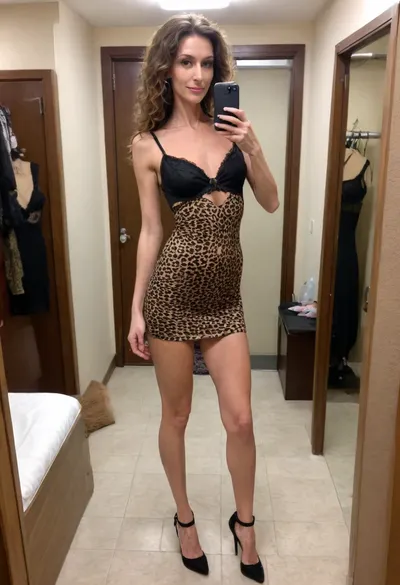 Full body shot, beautiful sexy skinny slender 50 year old brunette layer, tight black dress, cleavage and high heels, black high class bra, small breasts, upskirt, slutty seductive cougar, fit milf, thigh high stockings, gantry belt, sexy skinny legs, no makeup, Brown eyes, curly short hair, mirror selfie, public fitting room, good hands, perfect fingers, black high heels, legs open wide, leopard camouflage pantie, (vagina), (shaved pussy), A selfie of me standing in front of a mirror of a changing stall with my legs spread wide. I'm wearing sexy lingerie and high heels, I look directly into the camera. I'm also holding my phone in one hand and with the other hand I touch my Vagina., (Skinny:1.7)
