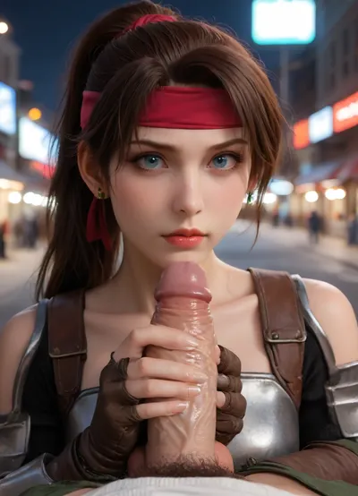 (Masterpice), (HD4K visual), (detailed background), 4K ultra-detailed image, HDR, enhancement, professional photography, precise anatomy, (perfect symmetry, 5 fingers per hand), realistic textures, maximum resolution, sharp focus, NSFW, picture, Jessie Rasberry from Final Fantasy VII with brown hair in a ponytail, a red headband, athletic body, chest armor from the game Final Fantasy VII, green baggy combat pants, metal armor and boots, squattingcowgirl, pussypenetration, one nude man out of view, gigantic thick vainy penis, penis to big to fit, at night, neon shop signs lighting, close up, clear view, ff7, jessie, facial, expression, ratatatat74, incase, style, <lora:ff7 jessie:1.4>, <lora:Expressions XL:1.4>, <lora:ratatatat74-000050:1.4>, <lora:287175_training_data:1.3>