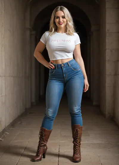 Gorgeous milf is 40 years old, her height is 165 centimeters, her weight is 55 kilograms, broad forehead, straight pointed nose, almond-shaped blue eyes, platinum blonde hair, very long hairstyle, thick silky hair, bright makeup, high cheekbones, toned slim face, straight chin, thick eyelashes, steep arch thin eyebrows, white even teeth in mouth, joyful smile, (legs:1.3), with radiant skin, (breasts under long t-shirt, blue long jeans, high heel gladiator boots), light skin color, warm skin, fit body, fit legs, fit physique, sexy big hips, hourglass figure, (round fake breasts, (DDD-CUP), silicone breasts, bouncy breasts), highly detailed breasts, highly detailed skin, highly detailed face, highly detailed teeth, highly detailed hands, highly detailed arms, highly detailed fingers, highly detailed nails, highly detailed lips, highly detailed eyes, highly detailed legs, highly detailed hair, realistic, (best quality), masterpiece, high resolution, wallpaper 8k, UHD, (high quality), (super detail), 8K, (highest quality), (best details), (perfect lighting), perfect natural lighting, (best shadow), (best shot), (best lighting), (best shadow, best shaded shadows), shot with a Nikon Z7 II camera, narrow waist is 70 centimeters, rounded hips, very high legs, very big bright red lips, plump red lips, fingers with red manicure, yellow gold earings, luxury hooker, she is walking inside a castle, in mountains.