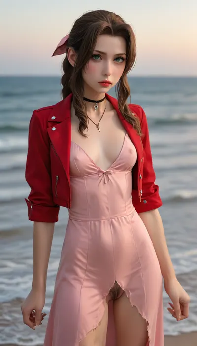 (Masterpice), (HD4K visual), (detailed background), 4K ultra-detailed image, HDR, enhancement, professional photography, precise anatomy, (perfect symmetry, 5 fingers per hand), realistic textures, maximum resolution, sharp focus, NSFW, picture, Aerith Gainsborough from Final Fantasy VII wearing a, ((long pink dress)), black and a short red jacket, hairy pussy, small breasts, perky pointed nipples, ripped clothes, stranded, washed up on shore, wide shot, close up, on a beach, waves in backgrownd, sunny, day time, sun beaming down, incase, style, ratatatat74, defaerith, braided, ponytail, hair, bow, pink, choker, necklace, cropped, jacket, red, short, sleeves, dress, long, altaerith, very, ribbons, drill, star, ballgown, bare, shoulders, strapless, plunging, neckline, <lora:287175_training_data:1.4>, <lora:ratatatat74-000050:1.4>, <lora:aerith-xl-nvwls-v1:1.4>, <lora:add-detail-xl:2>