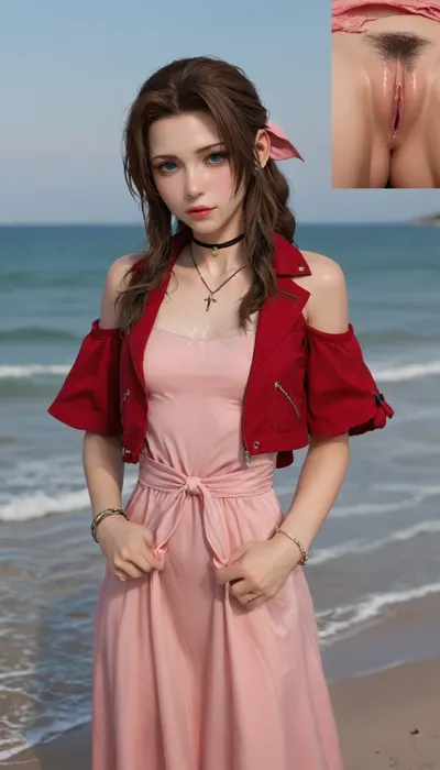 (Masterpice), (HD4K visual), (detailed background), 4K ultra-detailed image, HDR, enhancement, professional photography, precise anatomy, (perfect symmetry, 5 fingers per hand), realistic textures, maximum resolution, sharp focus, NSFW, picture, Aerith Gainsborough from Final Fantasy VII wearing a, ((long pink dress)), black and a short red jacket, hairy pussy, small breasts, perky pointed nipples, ripped clothes, stranded, washed up on shore, wide shot, close up, on a beach, waves in backgrownd, sunny, day time, sun beaming down, incase, style, ratatatat74, defaerith, braided, ponytail, hair, bow, pink, choker, necklace, cropped, jacket, red, short, sleeves, dress, long, altaerith, very, ribbons, drill, star, ballgown, bare, shoulders, strapless, plunging, neckline, bukkake, <lora:287175_training_data:1.4>, <lora:ratatatat74-000050:1.4>, <lora:aerith-xl-nvwls-v1:1.4>, <lora:MS_Real_XL_Bukkake:1.4>, <lora:add-detail-xl:2>