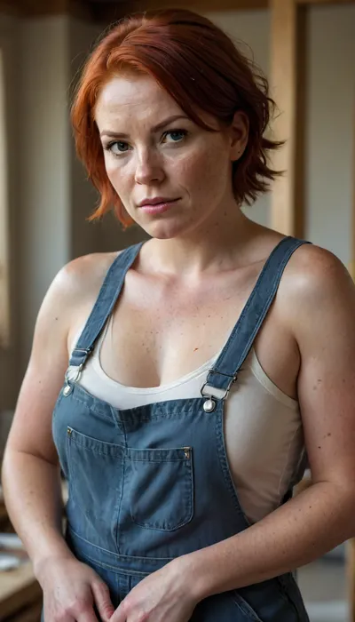 A woman construction painter, a plump mother.Excessively freckled.
A 30-year-old woman.She was working wearing overalls and a very tight T-shirt.It's all stained with paint.
Red-haired, with short hair.Big, very strong shoulders.Very strong forearms.Big boobs.A broad-shouldered mother.A very powerful body. A very angry, angry look at me from under his brows. Big mouth, with big lips.Smirk.A contemptuous, arrogant look full of hatred.