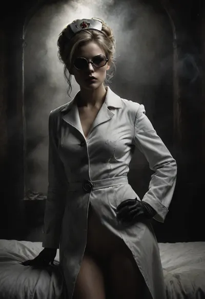 A dominant, nasty, sexy, aroused nurse in Frankenstein's castle takes advantage of the situation and exposes her breathtaking slender body to the viewer. She lies on a rusty hospital bed. Wearing a very, (skimpy open white nurse's coat:1.3), blonde hair, hairy pussy, eye patch, and red rubber gloves, realistic matte skin, she's both frightening and sexy, mad-stpk-ggls, mad-stpk-flcp, mad-stpk-ht, Black, and, white, art, black, shading, charcoal, toned, brutal, dark, b/w, color, scheme, cloudy, smoke, atmospheric, dust, fog, <lora:Gearbound_Steampunk_Chic_2_SDXL:.8>, <lora:Black and white art.V1:.9>, <lora:Cloudy_Style:1.1>, <lora:dark:.1>