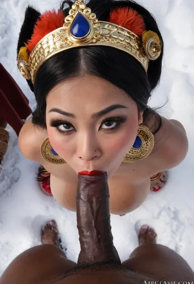 Top view, Wearing makeup, a Petite young skinny 18-year-old Bhutanese girl wearing Bhutanese traditional royal headdress and Bhutanese traditional costume and Eye Shadow and Eyeliner with big natural breasts helped a strong African black man with a big black dick blowjob，On the snowy mountain，ejaculation，Large and black areola，Swollen nipple，Cosmetic，lipstick，earring, <lora:sagging-000015:.6>