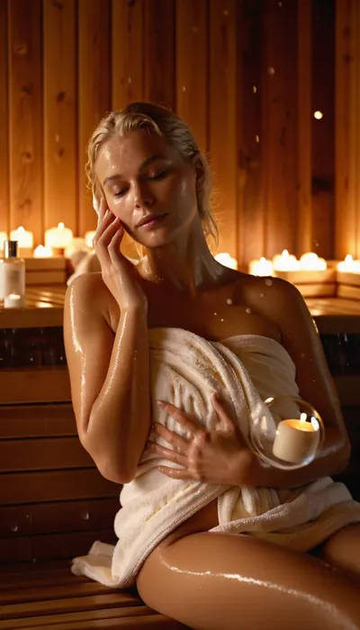 in spa, in wooden sauna, soft lighting, woman wearing a towell, blonde, dressed with towell, caressing her face with cream, oiled body, stunning perfume, soft massage with cream, in hot water pool with bubbles