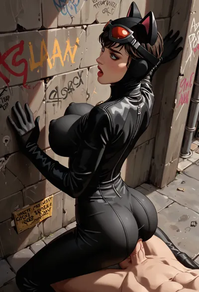 from above, 8k, score_9, score_8_up, score_7_up, comic book style, catwoman, thick puffy nipples, skinny body with big breasts, (near wall:1.3), average dick, intense sex, penetration, motion blur, bouncing brests, slapping ass, cowgirl sex, focus on vagina, cameltoe, graffiti, concrete, ratatatat74, cute, doodle, <lora:ratatatat74-000050:.8>, <lora:cutedoodle_XL-000012:.8>, <lora:NEOTOKIOXL_0.2_RC:.8>