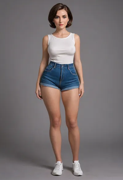 helen parr, mom, married, wife, natural, (wide hips:1.5), (hourglass figure), saggy, ptosis, beautiful face, tan skin, horny expression, wearing, (red, very high waist shorts, plain sleeveless v-neck white t-shirt tucked in), standing, full body, full waist, (plump pelvis, bulging pubic mound, plump pubis), full lips, plump lips, striking beautiful blue eyes, captivating eye contact, wearing a wedding ring on her left hand, braless, Wearing, clothes, that, make, sense, with, Braless>, <lora:bralessSDXL_v1_00022:.8>, <lora:Microwaist_XL_v01:.8>
