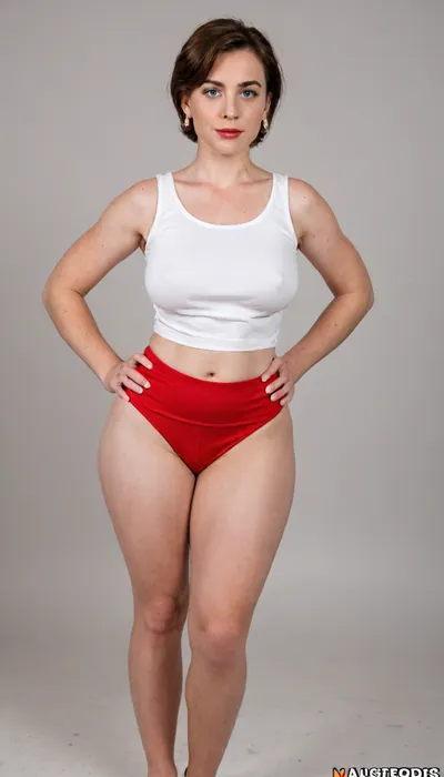 helen parr, mom, married, wife, natural, (wide hips:1.5), (hourglass figure), large saggy breasts, ptosis, beautiful face, tan skin, horny expression, wearing, (red very high waist shorts, plain sleeveless v-neck white t-shirt tucked in), full body view, full waist, (plump pelvis, bulging pubic mound, plump pubis), full lips, plump lips, striking beautiful big eyes, (captivating striking light blue eyes), eye contact, wearing a wedding ring on her left hand, braless