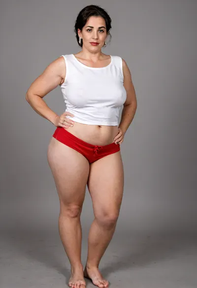 (mature:1.5), mom, married, wife, natural, (wide hips:1.5), (hourglass figure), large saggy breasts, ptosis, beautiful face, tan skin, horny expression, wearing, (red very high waist shorts, plain sleeveless v-neck white t-shirt), full body view, (plump pelvis, bulging pubic mound, plump pubis), full lips, plump lips, striking beautiful big eyes, (captivating striking light eyes), eye contact, wearing a wedding ring on her left hand, braless