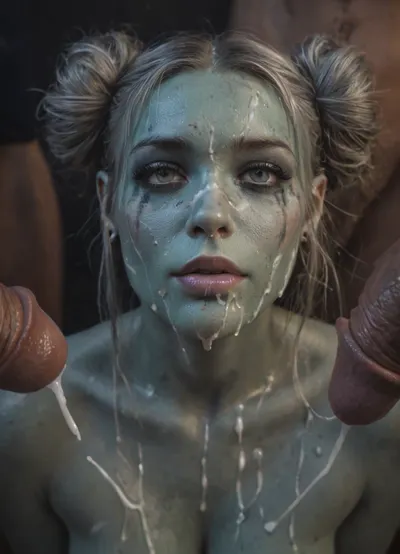 Blue alien stripper in alien strip club, dark blue skin, huge tits, rainbow colored hair in 2 buns, bukkake, group of men cumming neon green cum onto her, beautiful face, strong jawline, European nose, metallic silver eye makeup