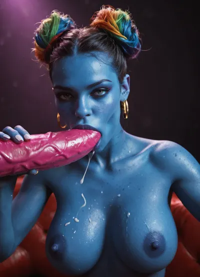 Blue alien stripper in alien strip club, sucking a gigantic 3 foot long dildo, dark blue skin, huge tits, rainbow colored hair in 2 buns, beautiful face, strong jawline, European nose, covered in spit and cum