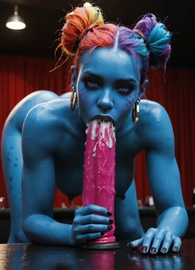 Blue alien stripper in alien strip club, getting fucked doggystyle with a gigantic 3 foot long dildo, dark blue skin, huge tits, rainbow colored hair in 2 buns, beautiful face, strong jawline, European nose, covered in spit and cum