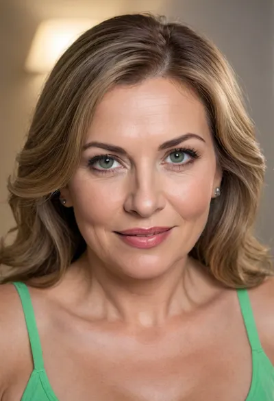 Lubica stepaunt, Ultra realistic and life like upper body Portrait of a fat bbw 60 year old mature woman. Mature face, and facial features, chubby face, round face. captivating eyes, striking beautiful eyes, detailed eyes, detailed skin, plump lips, juicy lips, pretty smile, lips parted, teeth showing, wrinkles. Her hair is parted on the side and frames her face softly. Her smile is genuine and friendly, with crinkles at the corners of her eyes, suggesting a joyful and confident nature. She is looking directly at the camera with a relaxed and approachable gaze.Her complexion is smooth and radiant.PHOTOREALISTIC, highly detailed portrait of Lubica Stepaunt, a 58-year-old mature woman with an exotic Eastern European and Mediterranean appearance. Her captivating light green eyes are expressive and warm, framed by subtle lines at the corners. Her full, naturally colored lips are often in a gentle, inviting smile. Her warm, natural complexion shows age-appropriate wrinkles and skin imperfections. Her multi-toned brown hair, with natural streaks of light brown and hints of silver at the temples, is styled in soft waves. Her skin displays faint stretch marks, adding to her realistic mature beauty. Her posture is confident and relaxed, exuding inherent sensuality. The image should capture rich detail, emotional intimacy, and visual realism, showcasing her mature beauty and seductive body language. Shot on Canon EOS R5, 85mm f/1.2, studio lighting., ((high quality, 4k, realistic, high detailed, insanely detailed, real, best quality, ultra-detailed, fine detail, professional photography, taken with Canon EOS 5D Mark IV DSLR, aperture f/8, shutter speed 1/250 sec, ISO 100, highres, 8k wallpaper, cinematic lighting, masterpiece, heavily upvoted)), ((masterpiece)), high detail, complex details, OverallDetail, perfect lighting, professional realistic photo