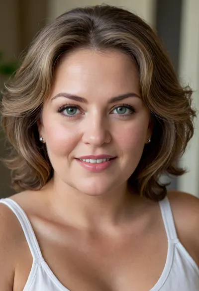 Lubica stepaunt, Ultra realistic and life like upper body Portrait of a obese fat bbw 60 year old mature woman. She is wearing a white sleeveless top with a plunging neckline. She is not wearing a bra under her clothing and appears braless. Her bust is full, and her breasts are saggy. Mature face, and facial features, chubby face, round face. captivating eyes, striking beautiful eyes, detailed eyes, detailed skin, plump lips, juicy lips, pretty smile, lips parted, teeth showing, wrinkles. Her hair is parted on the side and frames her face softly. Her smile is genuine and friendly, with crinkles at the corners of her eyes, suggesting a joyful and confident nature. She is looking directly at the camera with a relaxed and approachable gaze.Her complexion is smooth and radiant. PHOTOREALISTIC, highly detailed, an exotic Eastern European and Mediterranean appearance. Her captivating light green eyes are expressive and warm, framed by subtle lines at the corners. Her full, plump, naturally colored lips are in a, big inviting smile. Her warm, natural complexion shows age-appropriate wrinkles and skin imperfections. Her multi-toned brown hair, with natural streaks of light brown and hints of silver or gray at the temples, is styled in soft waves. Her skin displays faint stretch marks, adding to her realistic mature beauty. Her posture is confident and relaxed, exuding inherent sensuality. The image should capture rich detail, emotional intimacy, and visual realism, showcasing her mature beauty and seductive body language. Shot on Canon EOS R5, 85mm f/1.2, studio lighting., ((high quality, 4k, realistic, high detailed, insanely detailed, real, best quality, ultra-detailed, fine detail, professional photography, taken with Canon EOS 5D Mark IV DSLR, aperture f/8, shutter speed 1/250 sec, ISO 100, highres, 8k wallpaper, cinematic lighting, masterpiece, heavily upvoted)), ((masterpiece)), high detail, complex details, OverallDetail, perfect lighting, professional realistic photo