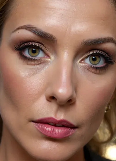 ultra-realistic, 8K HD, thin 60-years old woman, detailed face, detailed hair, intense golden eyes, many wrinkles, prominent cheekbones, very thin upper lip, (heavy eye makeup:1.5), nose piercing, (close-up:1.5)