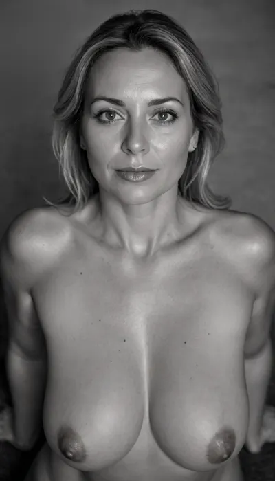 (((black and white photo:1.5))), (((black and white photo:1.5)), ((grayscale photo:1.5)), (high contrast), (low key photo), ((camera above head:1.5)), ((from above of a european woman:1.2)), ((40 years old, beautyfull face, beautiful face, DD size natural breasts, saggy breasts:1.6)), (she has huge breasts:1.15), (kneeling, with her own legs together:1.29), topless, perfect makeup, (she has beautiful eyes, her eyes are open:1.4), (she is looking at viewer), (hands on thighs), ((the scene is illuminated by the moonlight overhead)), (dramatic lighting), masterpiece, (incredible detailed:1.3), intricate, best quality, 4k, 8k, high quality, (ultra-realistic:1.9), (high detailed skin:1.45), skin pores, extreme mouth detail, ultra realistic freckles, detailed skin, realistic skin, High Res, ultra-detailed, ultra high res, NEGATIVE_HANDS)