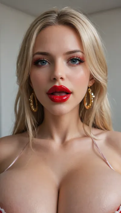 Boa Hancook with blonde hair and 19 years old petite body from One piece, realistic cute face, swedish etnicity, (((((massive breasts))))), (((((huge breast))))), ((((((red strong lipstick)))))), strong black excessive makeup, laughing, <lora:bombshell_v2:.8>
